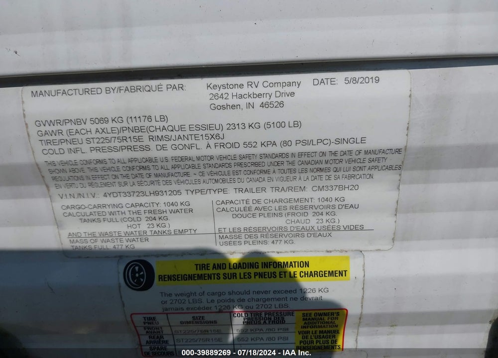 2020 COLEMAN TRAVEL TRLR VIN: 4YDT33723LH931205