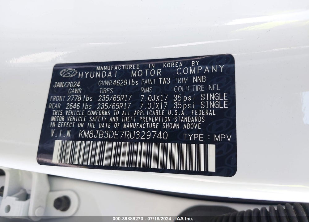2024 HYUNDAI TUCSON SEL VIN: KM8JB3DE7RU329740