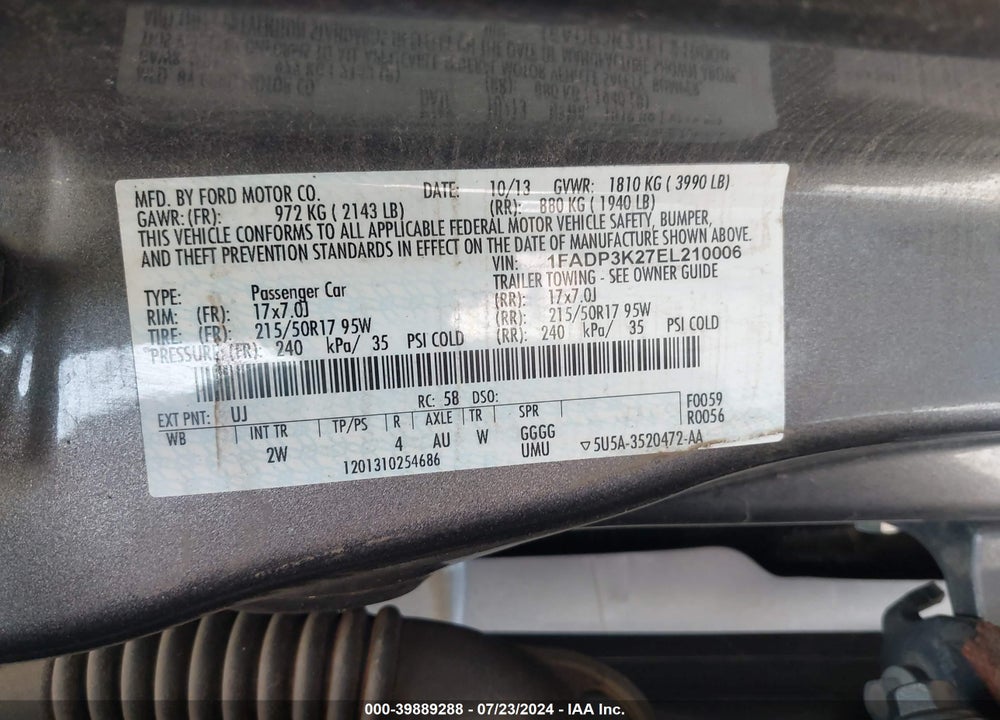 2014 FORD FOCUS SE VIN: 1FADP3K27EL210006