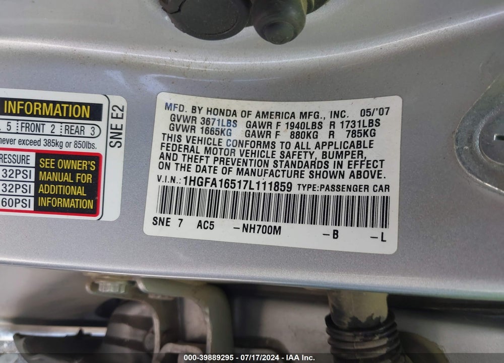 2007 HONDA CIVIC VIN: 1HGFA16517L111859