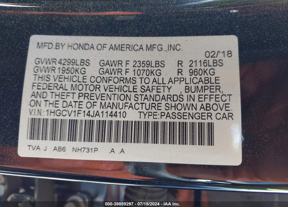 2018 HONDA ACCORD LX VIN: 1HGCV1F14JA114410