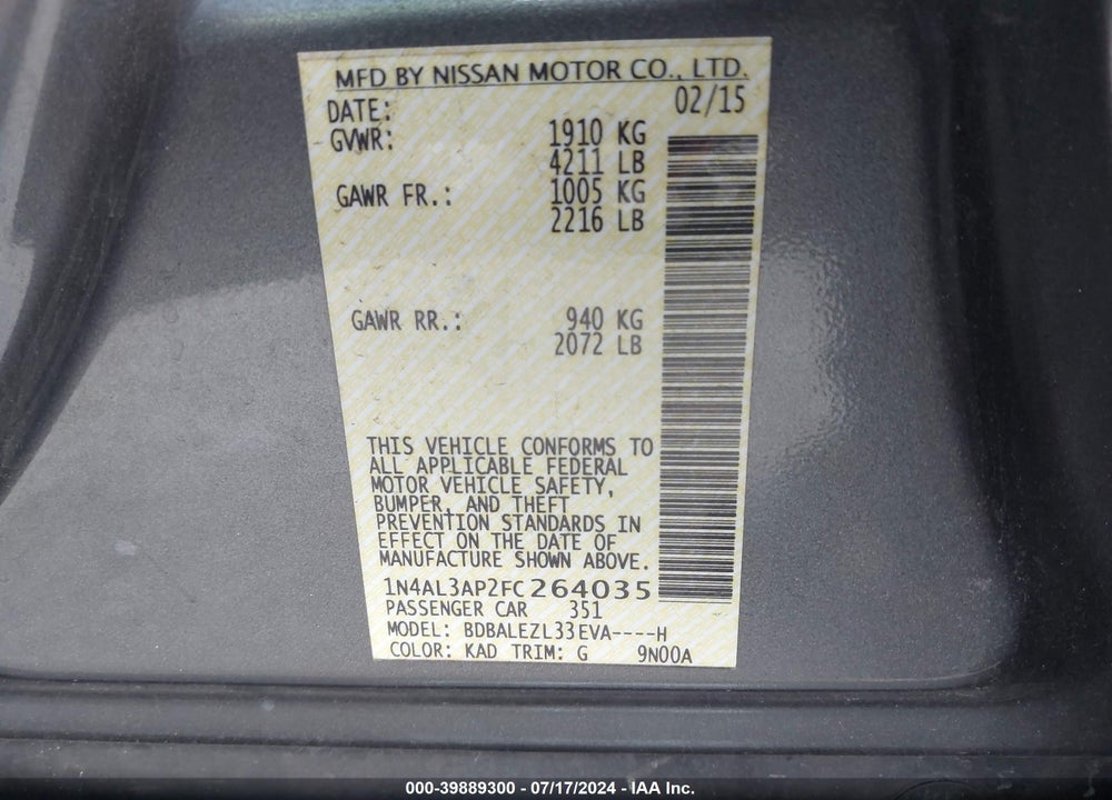 2015 NISSAN ALTIMA 2.5 S VIN: 1N4AL3AP2FC264035