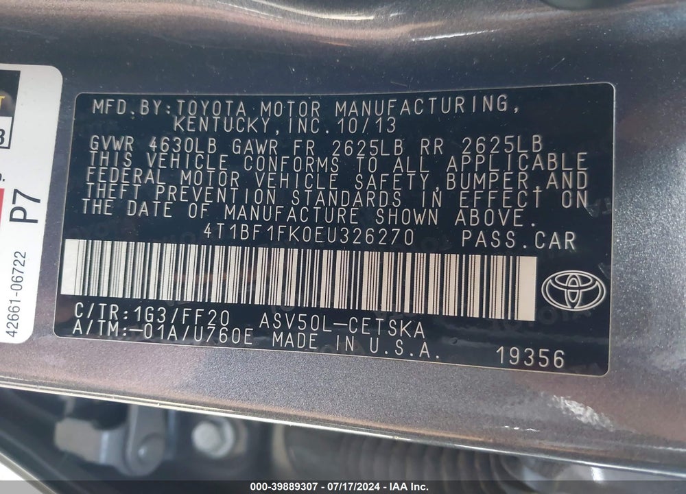 2014 TOYOTA CAMRY SE VIN: 4T1BF1FK0EU326270