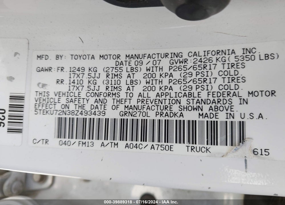 2008 TOYOTA TACOMA PRERUNNER V6 VIN: 5TEKU72N38Z493439