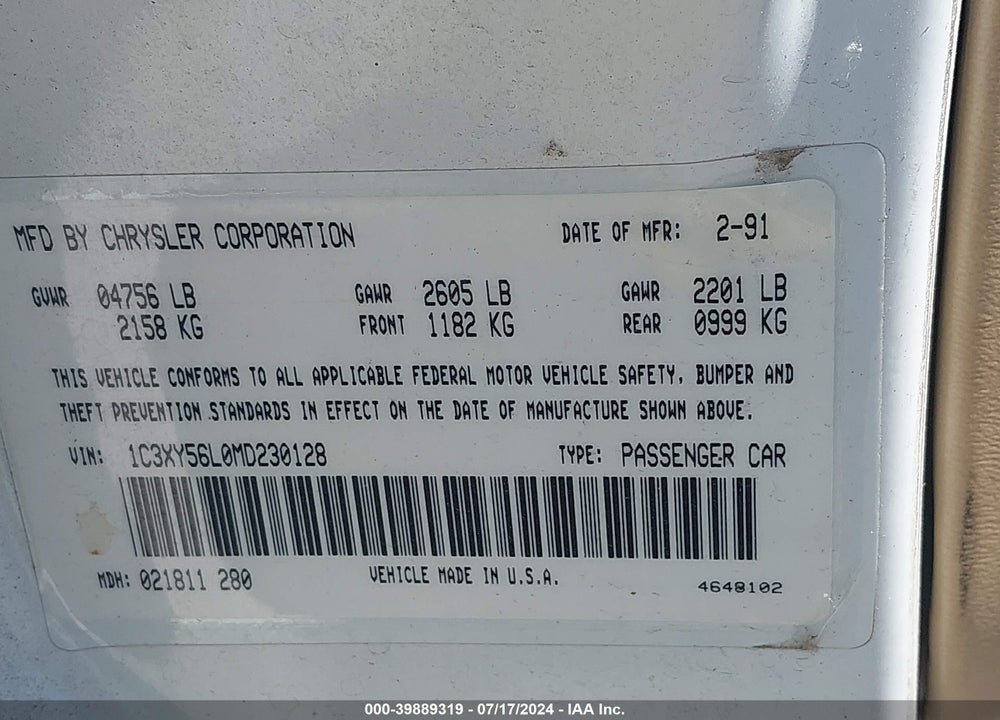 1991 CHRYSLER IMPERIAL VIN: 1C3XY56L0MD230128