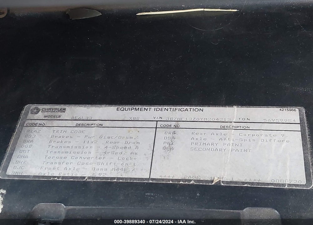 2000 DODGE RAM 1500 ST VIN: 3B7HF13Z0YM204212