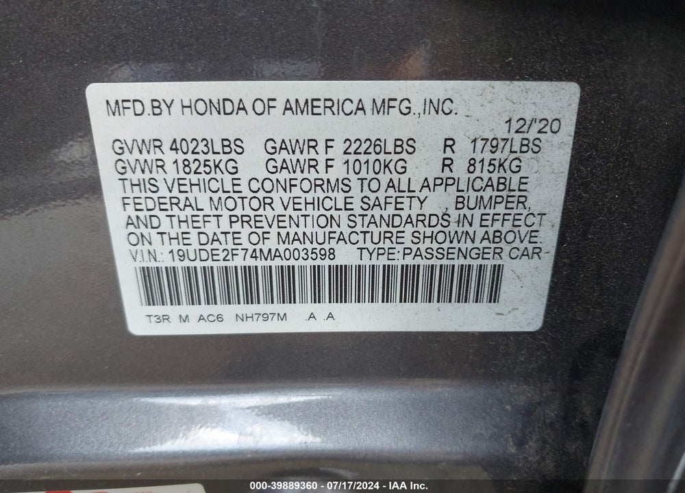 2021 ACURA ILX PREMIUM PACKAGE/TECHNOLOGY PACKAGE VIN: 19UDE2F74MA003598