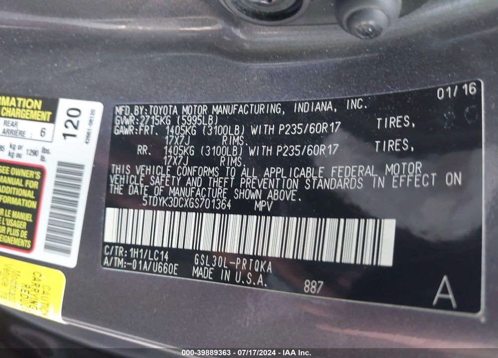 2016 TOYOTA SIENNA XLE 8 PASSENGER VIN: 5TDYK3DCXGS701364