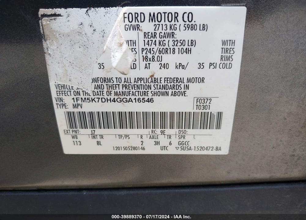 2016 FORD EXPLORER XLT VIN: 1FM5K7DH4GGA16546