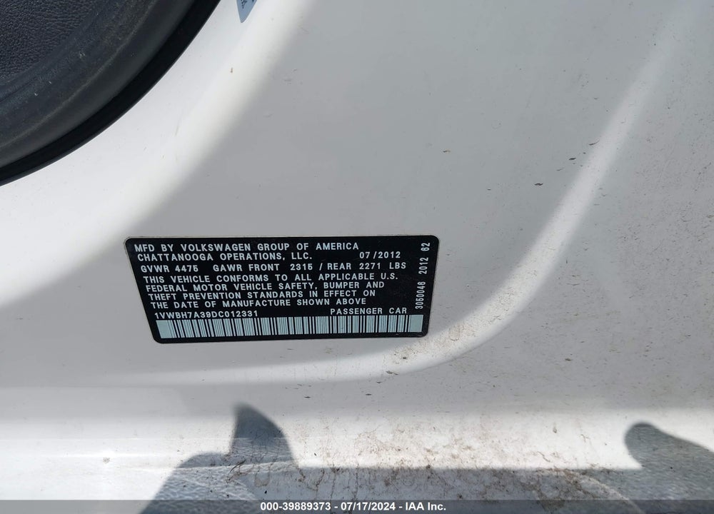 2013 VOLKSWAGEN PASSAT 2.5L SE VIN: 1VWBH7A39DC012331