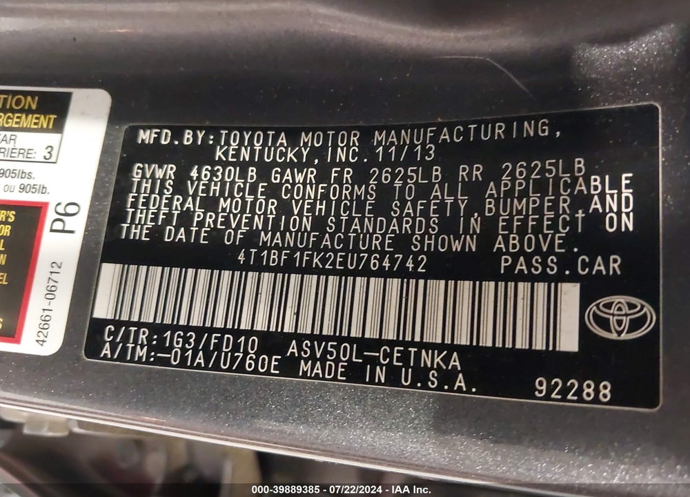 2014 TOYOTA CAMRY VIN: 4T1BF1FK2EU764742