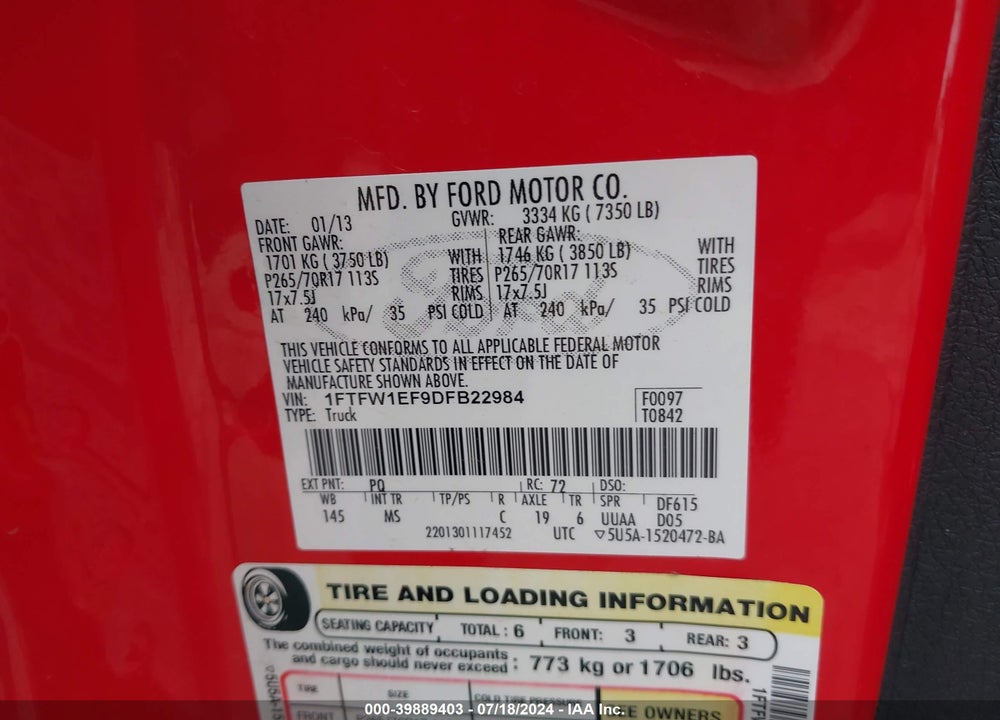 2013 FORD F-150 XLT VIN: 1FTFW1EF9DFB22984