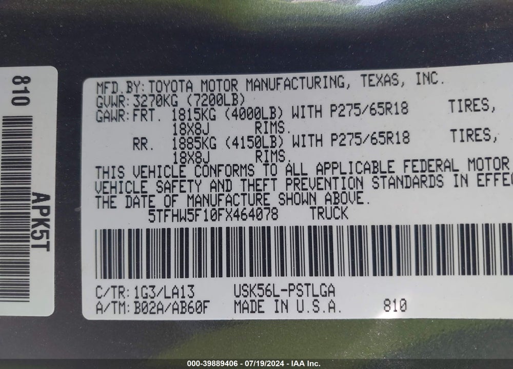 2015 TOYOTA TUNDRA LIMITED 5.7L V8 VIN: 5TFHW5F10FX464078