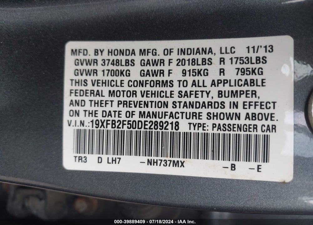 2013 HONDA CIVIC LX VIN: 19XFB2F50DE289218