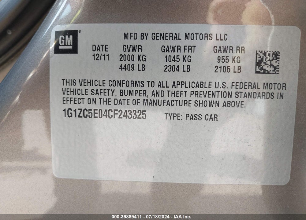 2012 CHEVROLET MALIBU VIN: 1G1ZC5E04CF243325