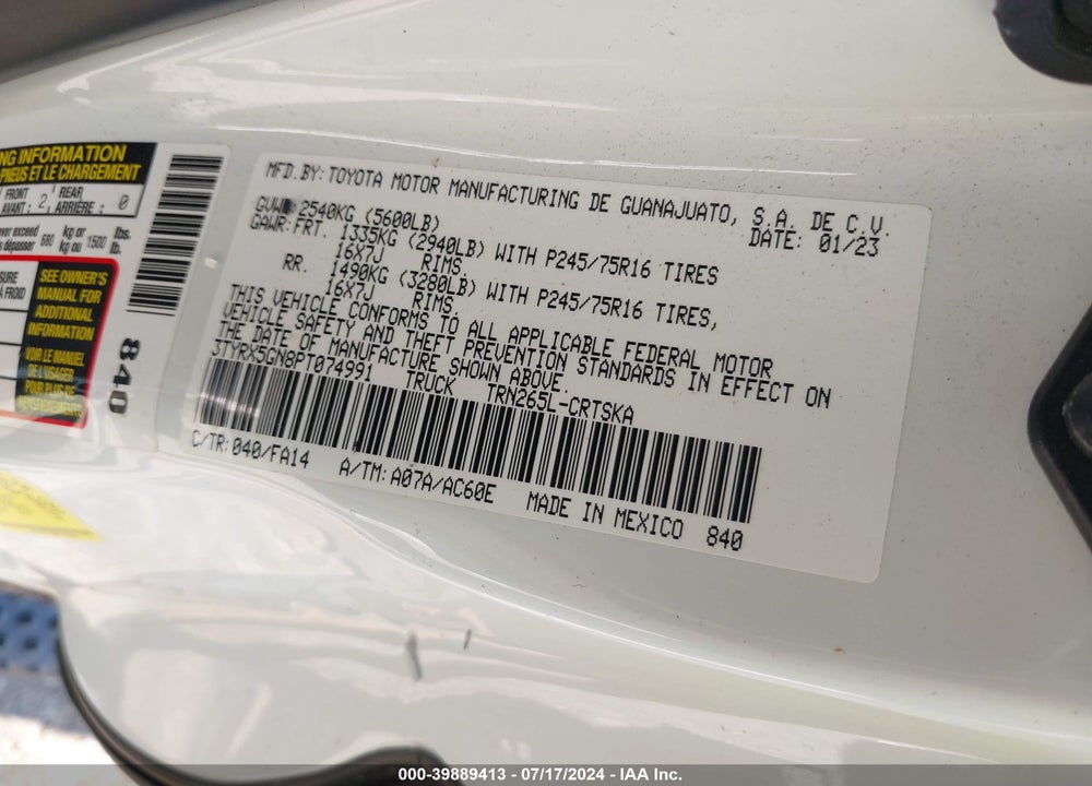 2023 TOYOTA TACOMA SR VIN: 3TYRX5GN8PT074991