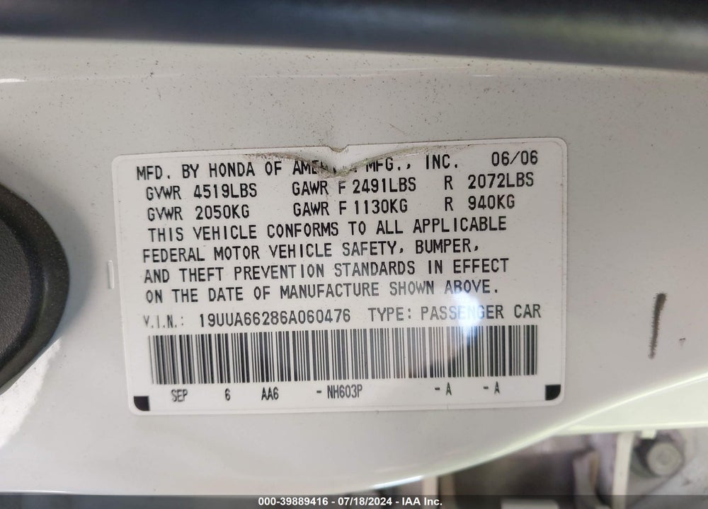 2006 ACURA TL VIN: 19UUA66286A060476