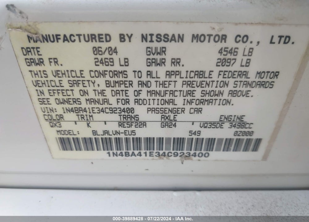 2004 NISSAN MAXIMA 3.5 SL VIN: 1N4BA41E34C923400