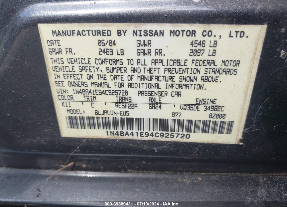 2004 NISSAN MAXIMA 3.5 SL VIN: 1N4BA41E94C925720