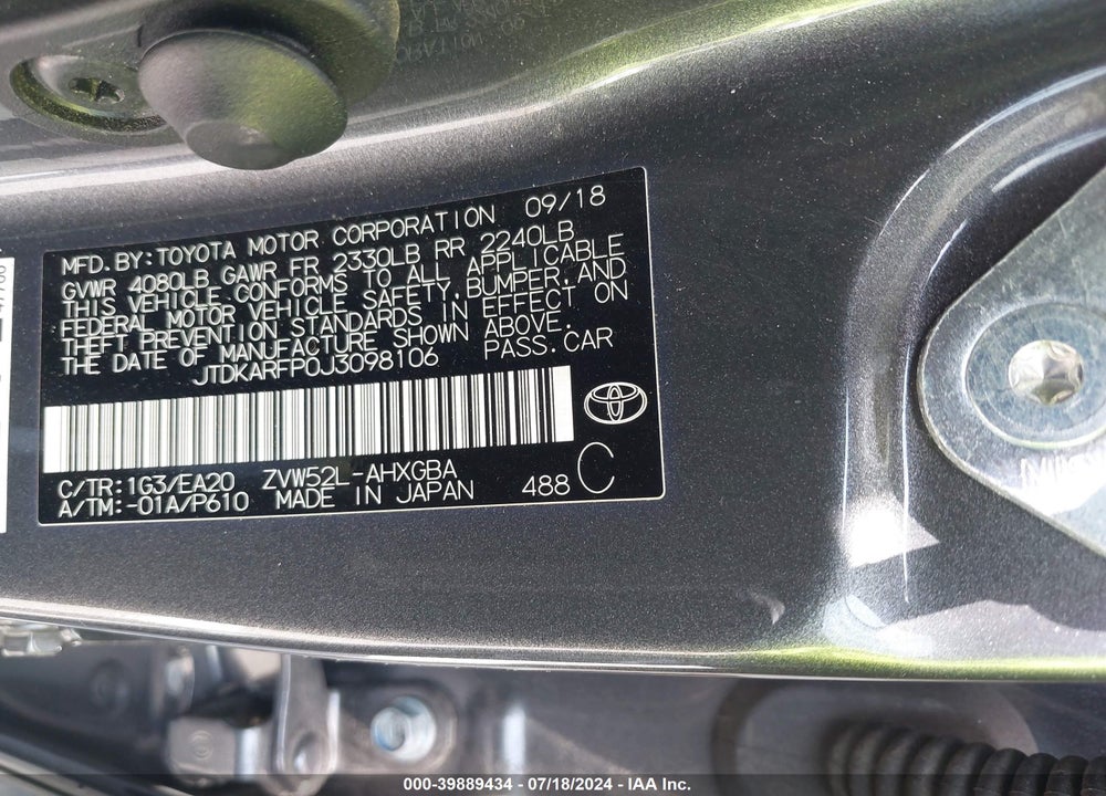 2018 TOYOTA PRIUS PRIME PREMIUM VIN: JTDKARFP0J3098106