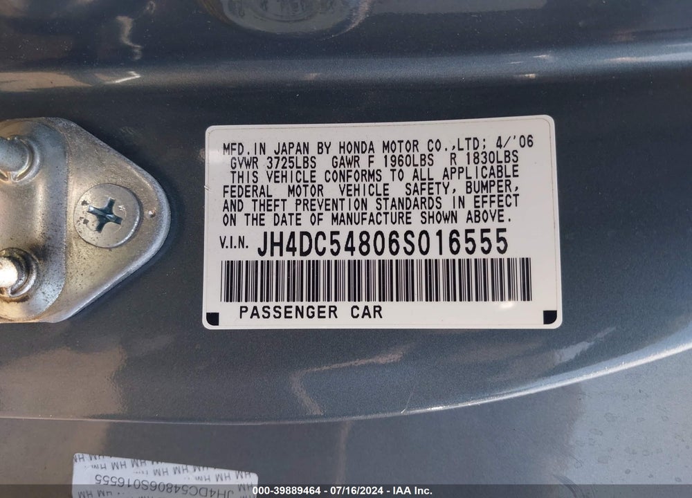 2006 ACURA RSX VIN: JH4DC54806S016555