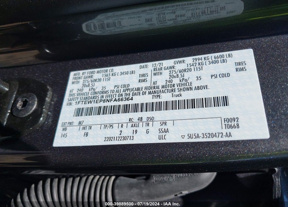 2022 FORD F-150 XLT VIN: 1FTEW1EP8NFA66364