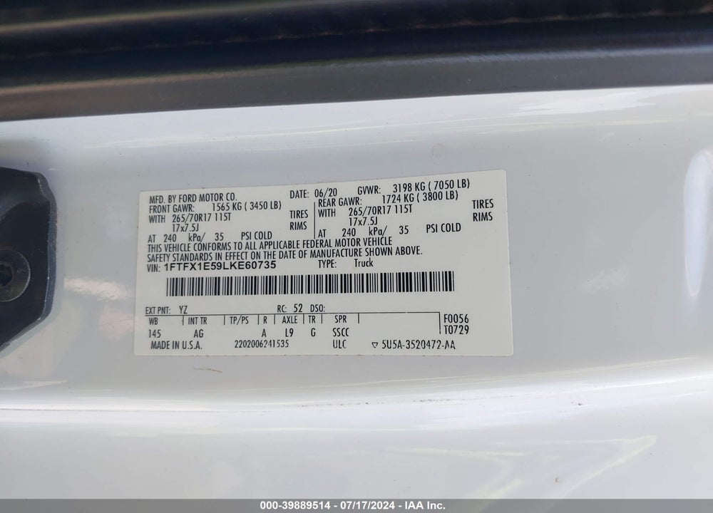 2020 FORD F-150 XL VIN: 1FTFX1E59LKE60735