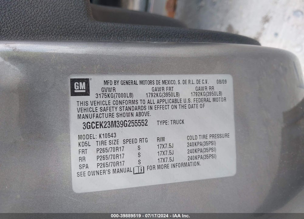 2009 CHEVROLET SILVERADO 1500 LT VIN: 3GCEK23M39G255552