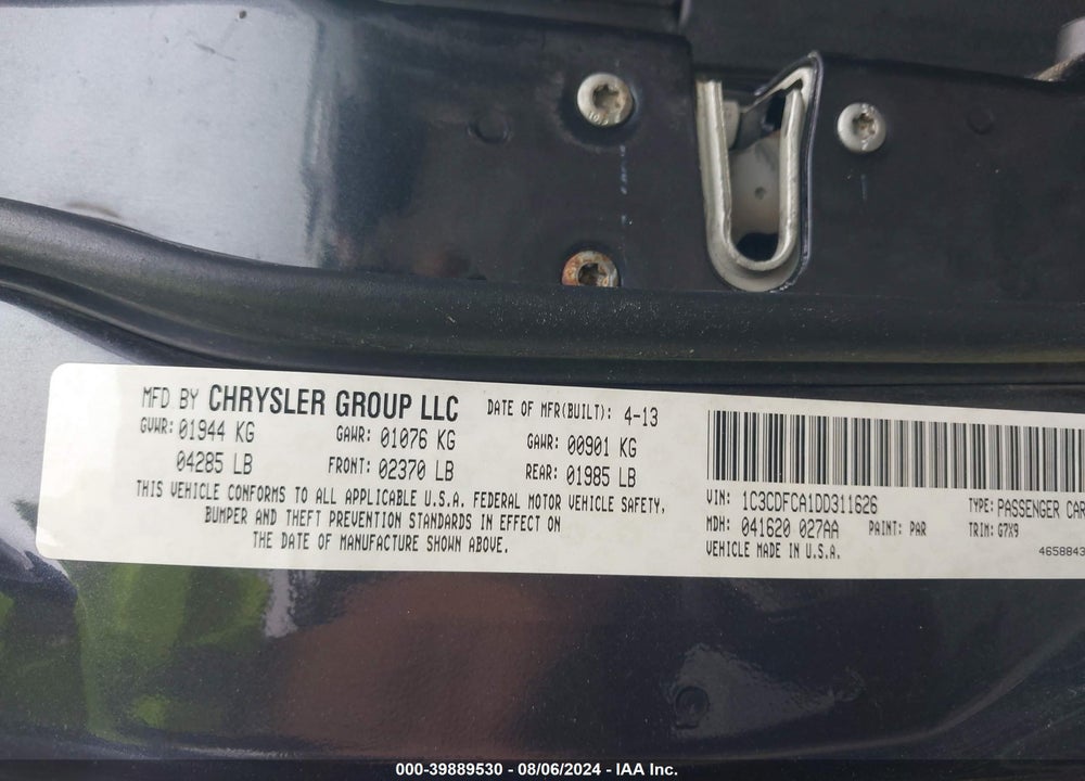 2013 DODGE DART LIMITED VIN: 1C3CDFCA1DD311626