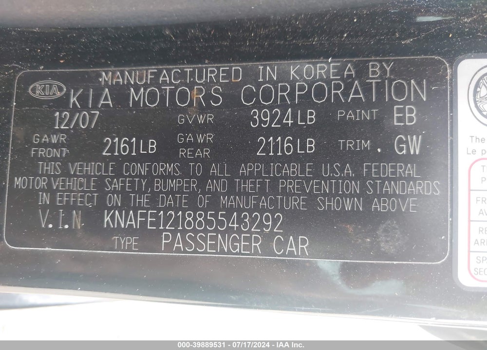 2008 KIA SPECTRA EX VIN: KNAFE121885543292