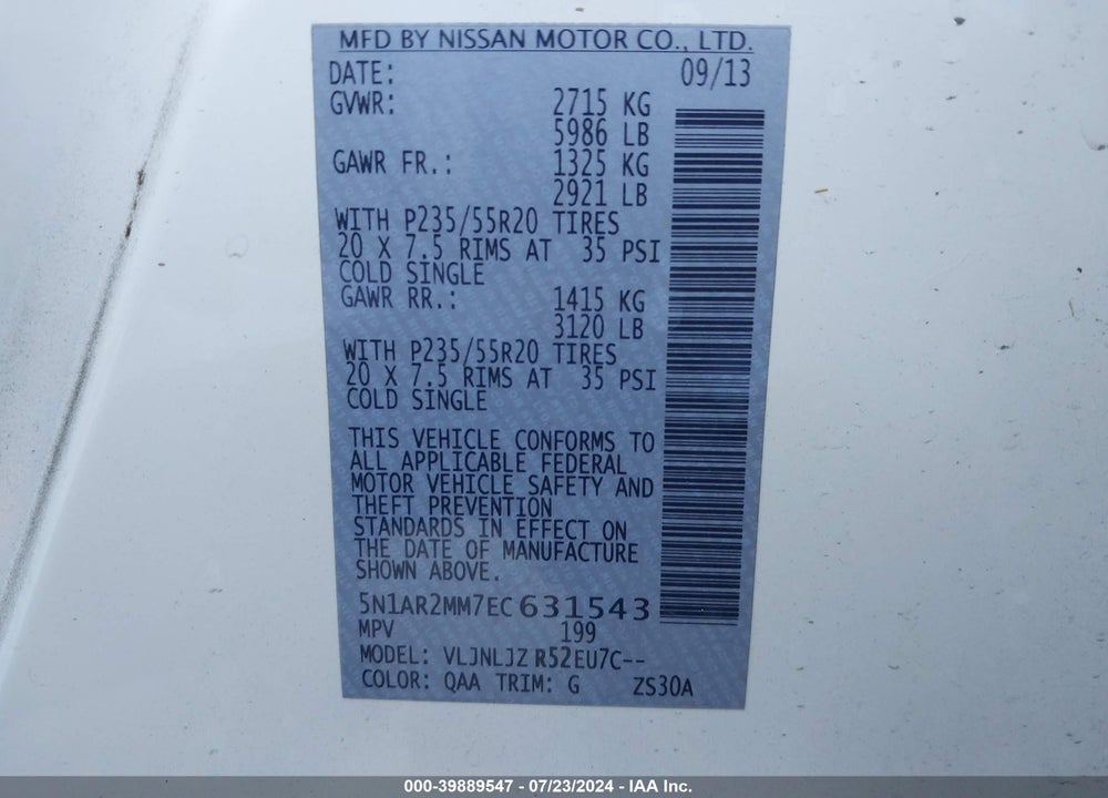 2014 NISSAN PATHFINDER PLATINUM VIN: 5N1AR2MM7EC631543