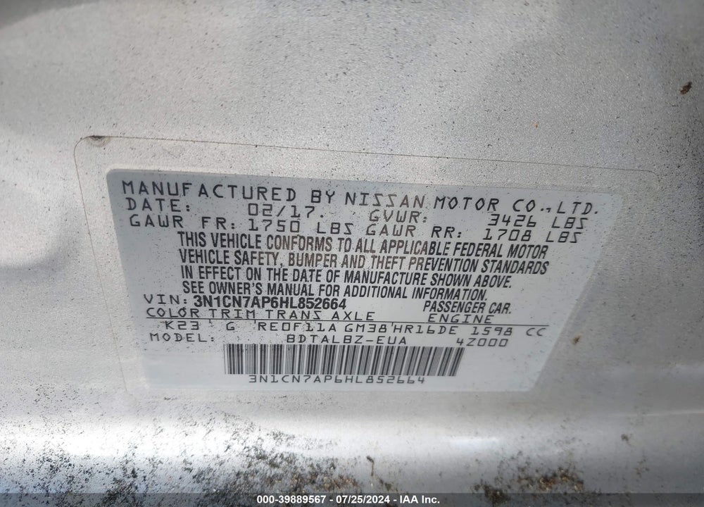 2017 NISSAN VERSA 1.6 SV VIN: 3N1CN7AP6HL852664