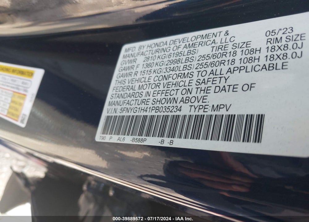 2023 HONDA PILOT AWD EX-L 8 PASSENGER VIN: 5FNYG1H41PB035234