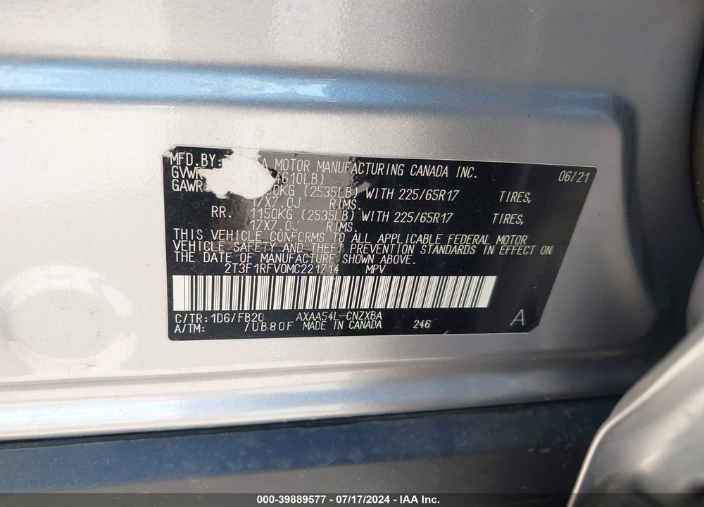 2021 TOYOTA RAV4 VIN: 2T3F1RFV0MC221714