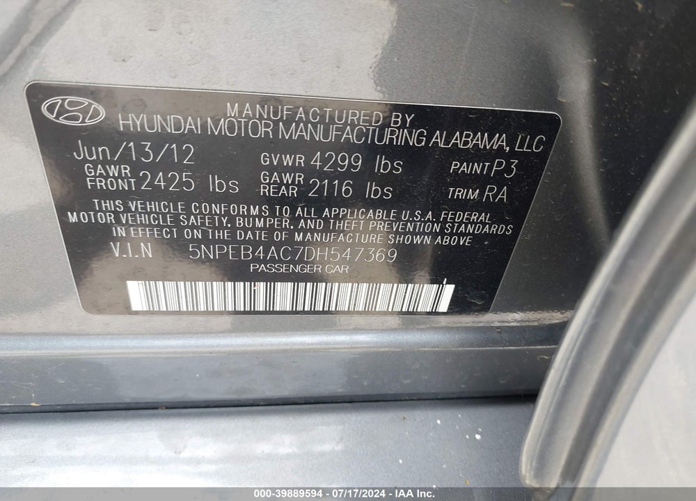 2013 HYUNDAI SONATA GLS VIN: 5NPEB4AC7DH547369