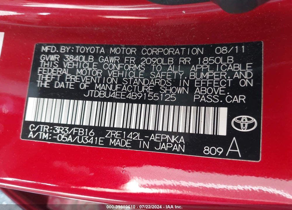 2011 TOYOTA COROLLA LE VIN: JTDBU4EE4B9155125