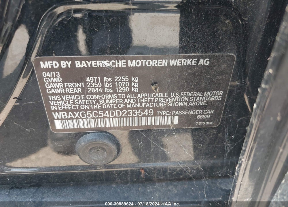 2013 BMW 528I VIN: WBAXG5C54DD233549