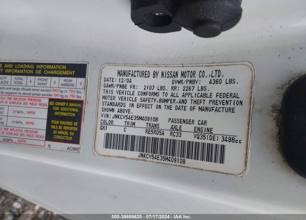 2005 INFINITI G35 VIN: JNKCV54E35M409108