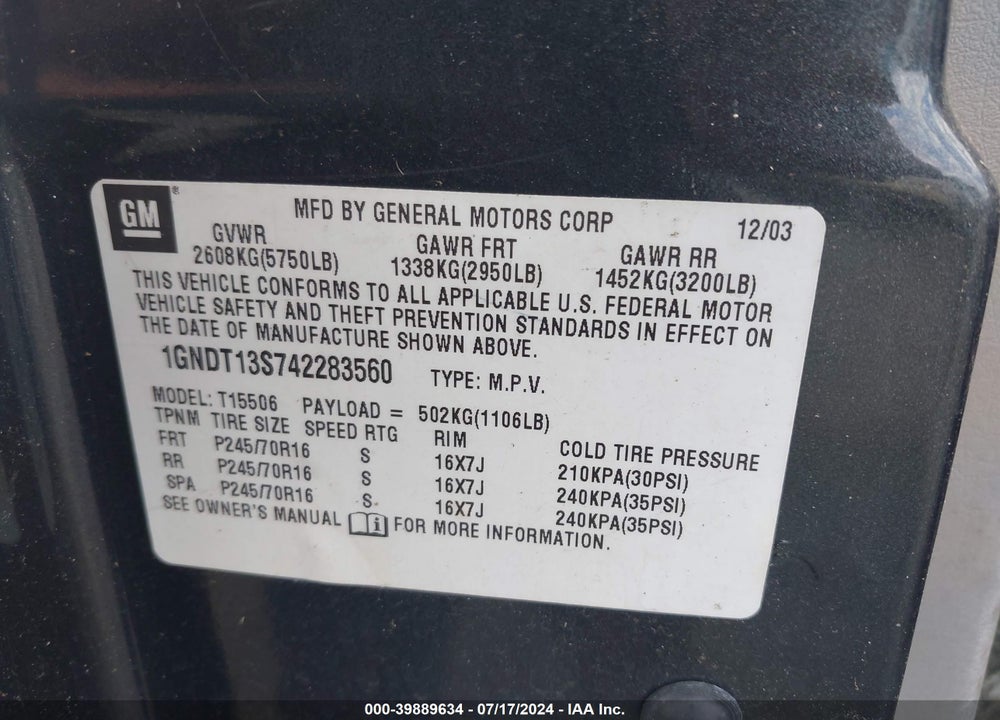 2004 CHEVROLET TRAILBLAZER LS VIN: 1GNDT13S742283560