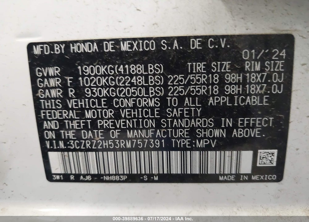 2024 HONDA HR-V AWD SPORT/AWD SPORT W/O BSI VIN: 3CZRZ2H53RM757391