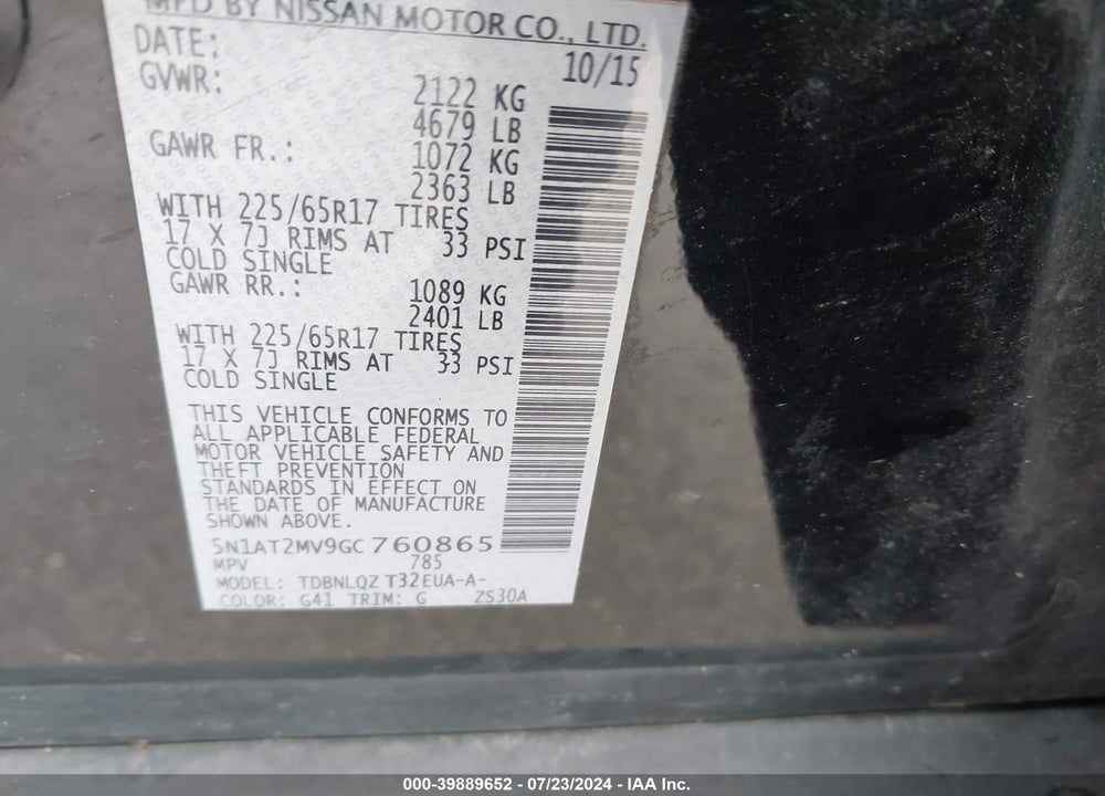 2016 NISSAN ROGUE SV VIN: 5N1AT2MV9GC760865