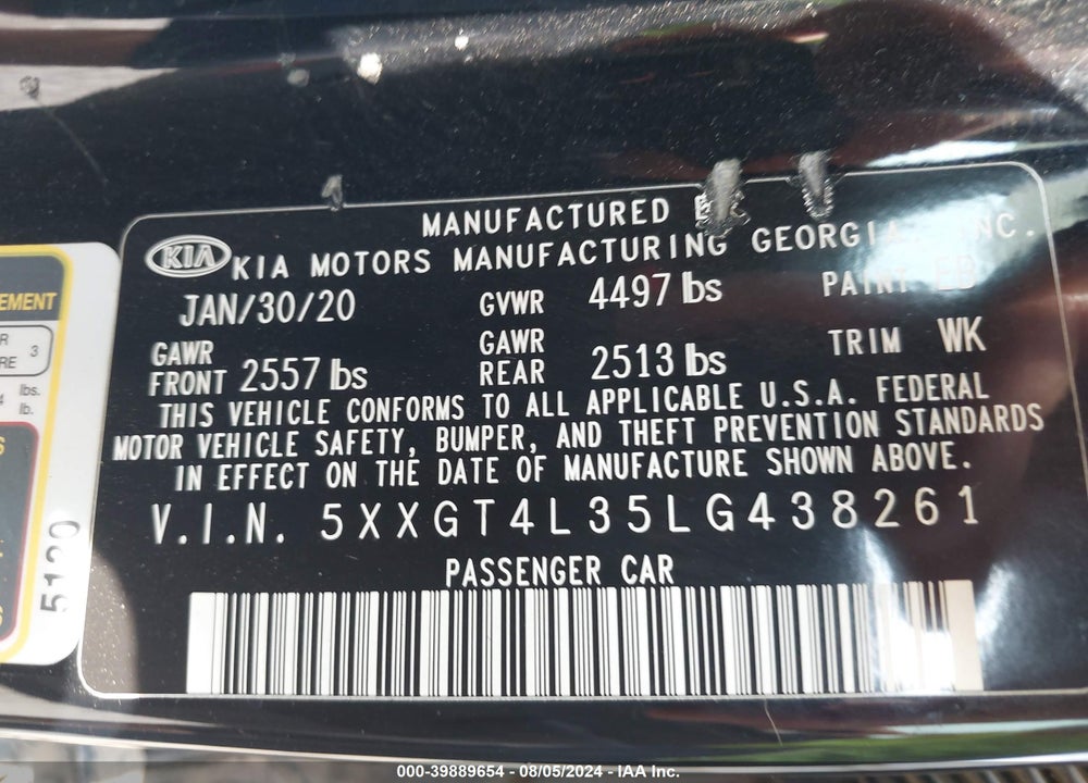 2020 KIA OPTIMA LX VIN: 5XXGT4L35LG438261