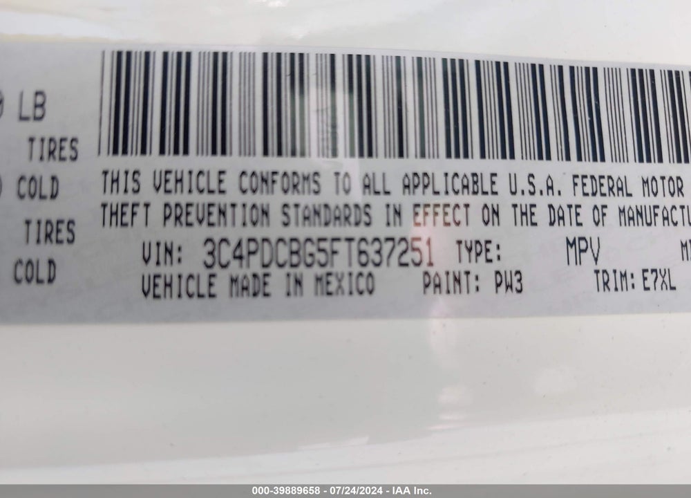 2015 DODGE JOURNEY SXT VIN: 3C4PDCBG5FT637251