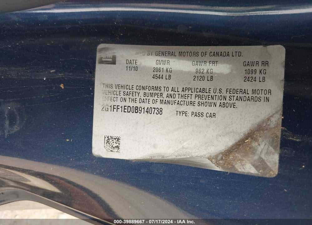 2011 CHEVROLET CAMARO 1LT VIN: 2G1FF1ED0B9140738