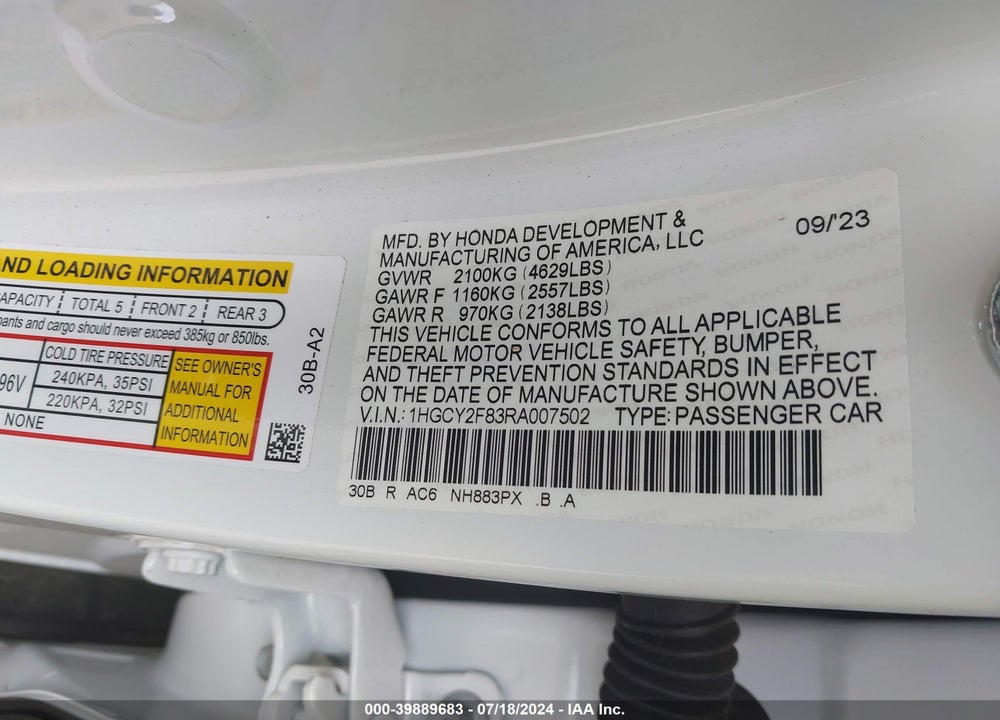 2024 HONDA ACCORD HYBRID TOURING VIN: 1HGCY2F83RA007502