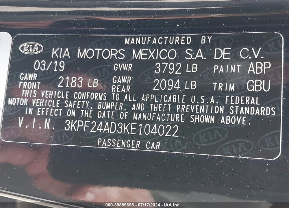 2019 KIA FORTE VIN: 3KPF24AD3KE104022