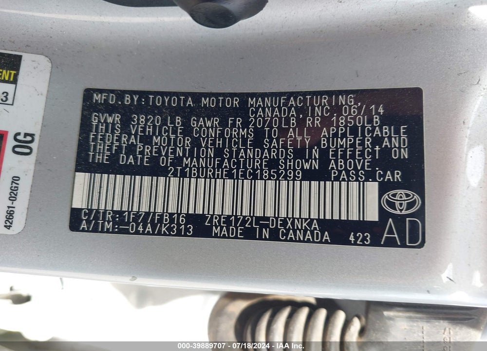 2014 TOYOTA COROLLA LE VIN: 2T1BURHE1EC185299