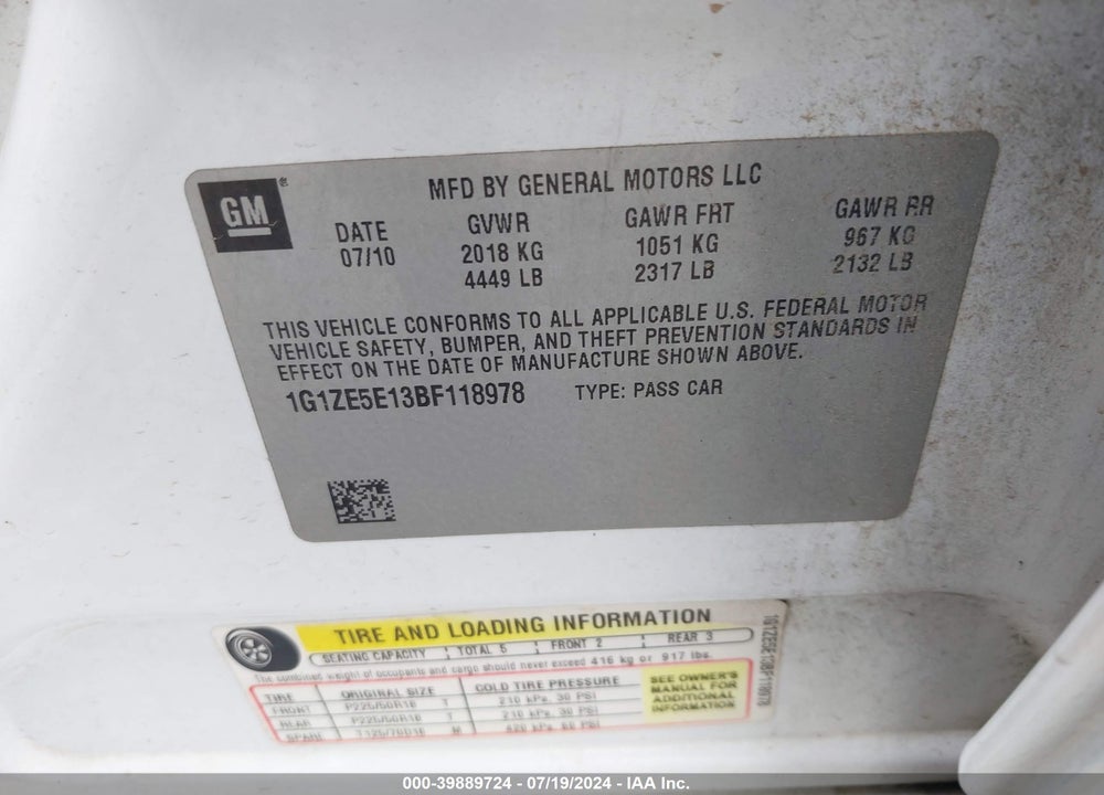 2011 CHEVROLET MALIBU LTZ VIN: 1G1ZE5E13BF118978