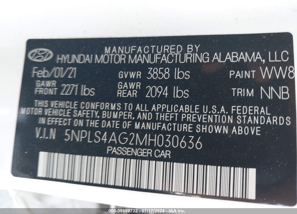 2021 HYUNDAI ELANTRA SEL VIN: 5NPLS4AG2MH030636