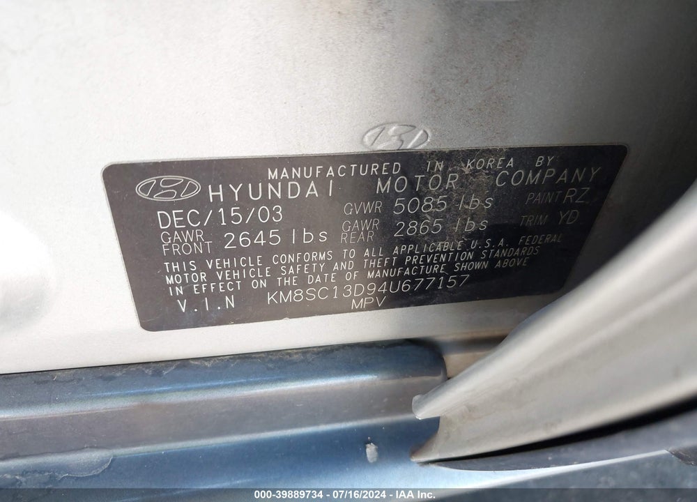 2004 HYUNDAI SANTA FE GLS VIN: KM8SC13D94U677157